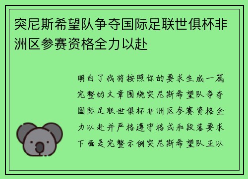 突尼斯希望队争夺国际足联世俱杯非洲区参赛资格全力以赴 突尼斯希望队争夺国际足联世俱杯非洲区参赛资格全力以赴